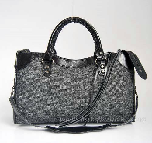 Balenciaga 084332-3 Black leather with cloth Woven Motorcycle City Bag - Click Image to Close