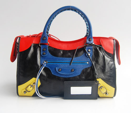 Balenciaga 084332-5 Black/Red/Blue Arena Tri-Color City Classic Handbag - Click Image to Close