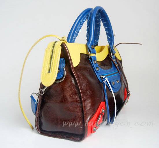 Balenciaga 084332-5 Dark Coffee/Yellow/Blue Arena Tri-Color City Classic Handbag - Click Image to Close