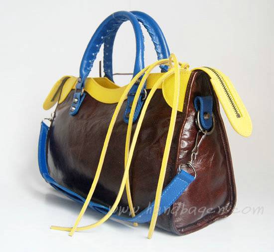 Balenciaga 084332-5 Dark Coffee/Yellow/Blue Arena Tri-Color City Classic Handbag