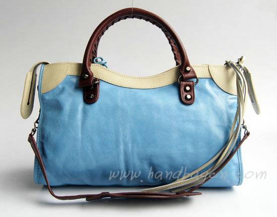 Balenciaga 084332-5 Light Blue/Cream/Coffe Arena Tri-Color City Classic Handbag