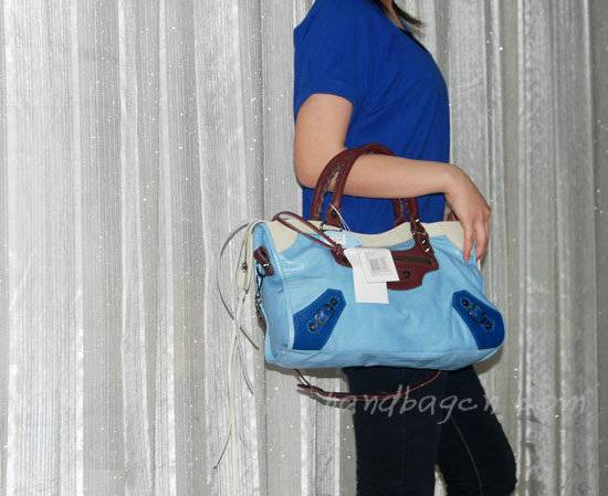 Balenciaga 084332-5 Light Blue/Cream/Coffe Arena Tri-Color City Classic Handbag - Click Image to Close