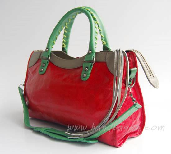 Balenciaga 084332-5 Red/Green/Grey Arena Tri-Color City Classic Handbag - Click Image to Close