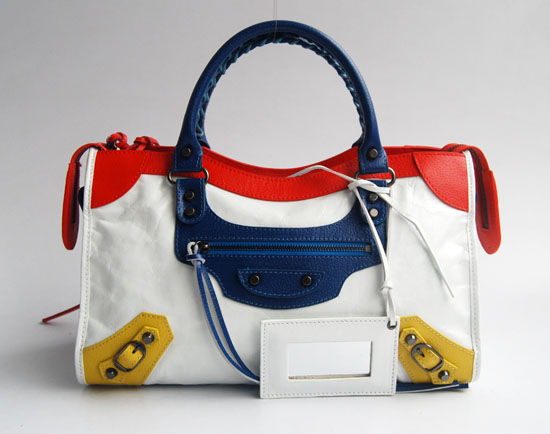 Balenciaga 084332-5 White/Red/Blue Arena Tri-Color City Classic Handbag