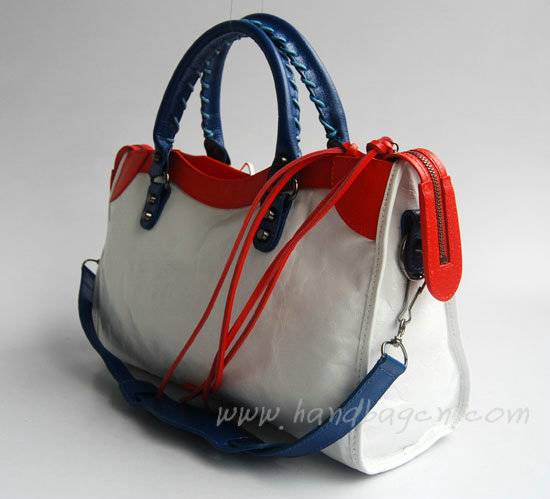 Balenciaga 084332-5 White/Red/Blue Arena Tri-Color City Classic Handbag - Click Image to Close