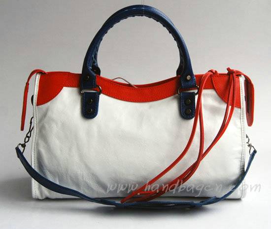 Balenciaga 084332-5 White/Red/Blue Arena Tri-Color City Classic Handbag - Click Image to Close