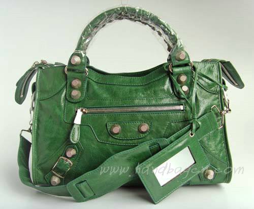 Balenciaga 084332A Black Green Giant City Handbag With Silver Hardware