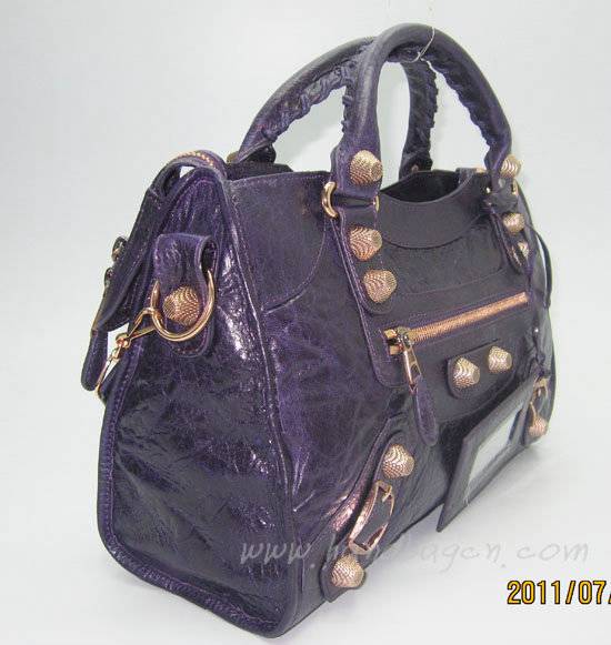 Balenciaga 084332B Dark Purple Giant City Lambskin Leather Bag Medium Size With Gold Hardware