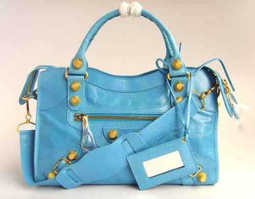 Balenciaga 084332B Sky Blue Medium City Bag With Gold Hardware in 38cm