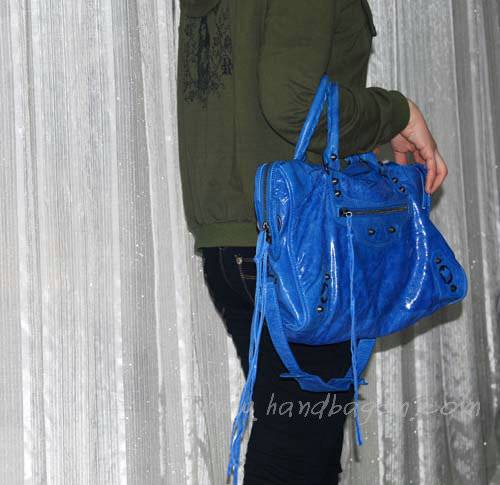Balenciaga 084332 Blue Motorcycle City Lambskin Leather Bag Medium Size