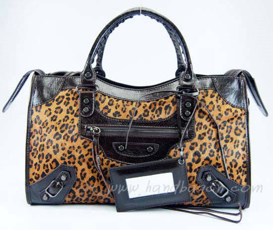 Balenciaga 084332 Dark Coffee Leopard Horsehair Medium City Bag