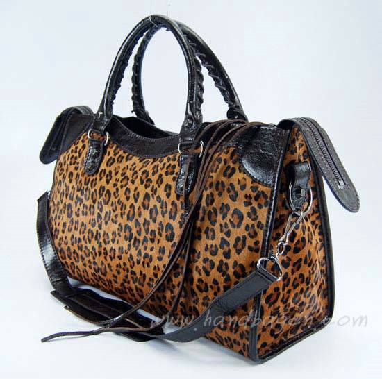 Balenciaga 084332 Dark Coffee Leopard Horsehair Medium City Bag
