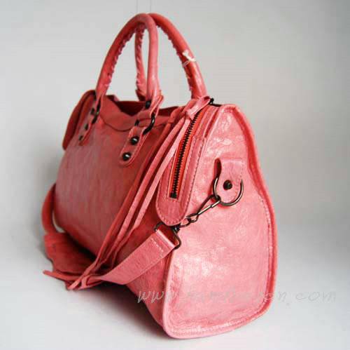 Balenciaga 084332 Pink Lambskin Motorcycle City Bag Medium Size