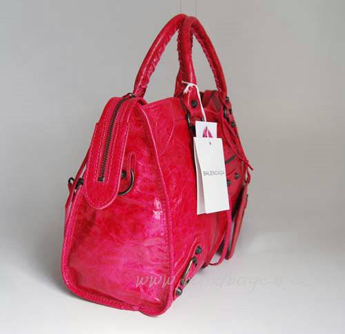 Balenciaga 084332 Peach Red Motorcycle City Medium Lambskin Handbag