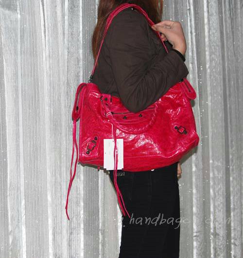 Balenciaga 084332 Peach Red Motorcycle City Medium Lambskin Handbag