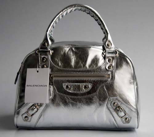 Balenciaga 084359 Silver Patent Leather Bowling Bag - Click Image to Close