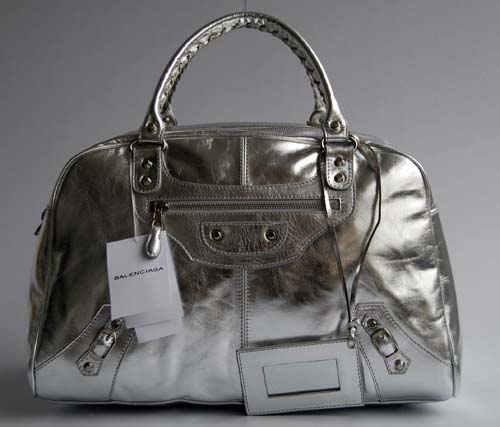 Balenciaga 084360 Silver Patent Leather Bowling Large Bag - Click Image to Close
