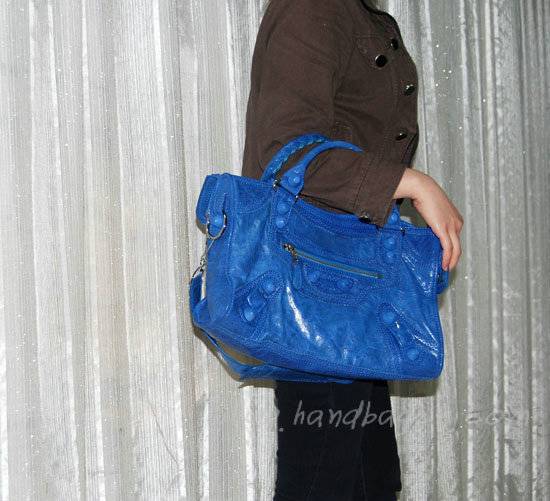 Balenciaga 084832 Blue Lambskin Arena Giant Covered City Medium Leather Handbag