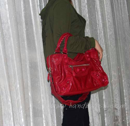 Balenciaga 084832 Red Lambskin Arena Giant Covered City Medium Leather Handbag
