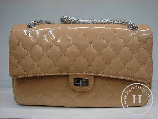 Chanel 1113 replica handbag Apricot patent leather with Silver hardware - Click Image to Close