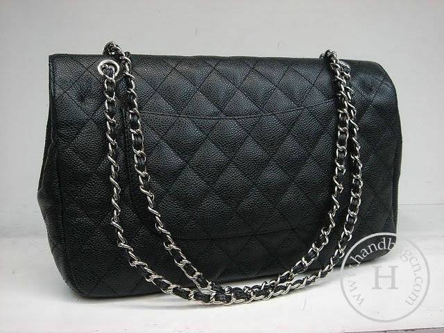 Chanel 1113 Black cowhide leather replica handbag with Silver hardware