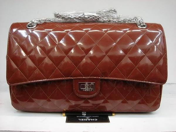 Chanel 1113 replica handbag Brown patent leather with Silver hardware