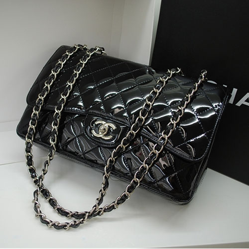 Chanel 36076 Designer Handbag Black Original Patent Leather With Silver Hardware