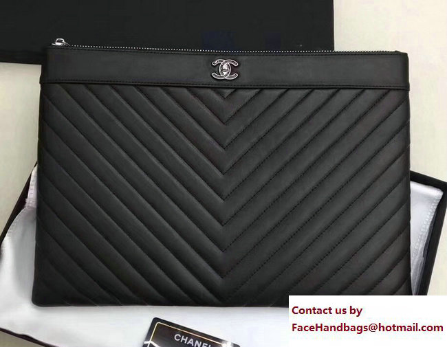 Chanel Sheepskin Chevron CC Pouch Clutch Large Bag A80992 Black 2017 - Click Image to Close