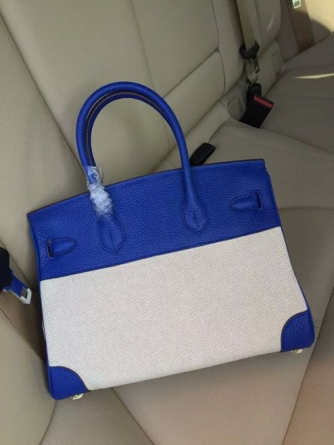 Hermes Birkin 25cm Blue Leather/Canvas With Gold Hardware - Click Image to Close