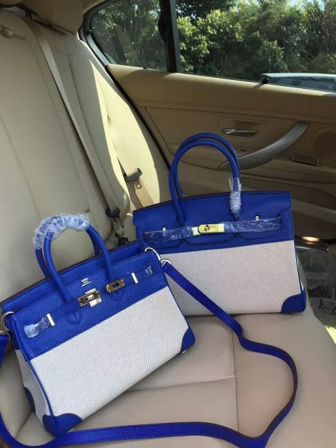 Hermes Birkin 25cm Blue Leather/Canvas With Gold Hardware - Click Image to Close
