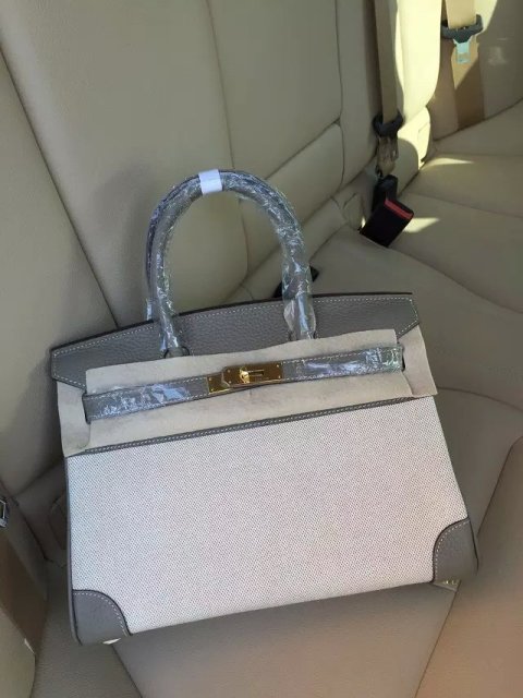 Hermes Birkin 25cm Dark Grey Leather/Canvas With Gold Hardware - Click Image to Close