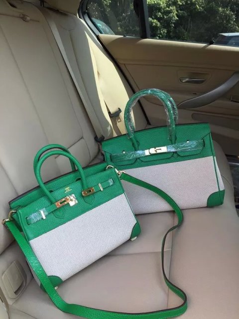 Hermes Birkin 25cm Green Leather/Canvas With Gold Hardware - Click Image to Close