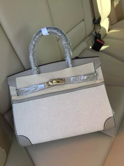Hermes Birkin 25cm Light Grey Leather/Canvas With Gold Hardware - Click Image to Close