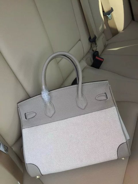 Hermes Birkin 25cm Light Grey Leather/Canvas With Gold Hardware - Click Image to Close