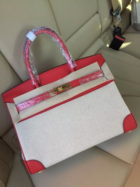 Hermes Birkin 25cm Red Leather/Canvas With Gold Hardware