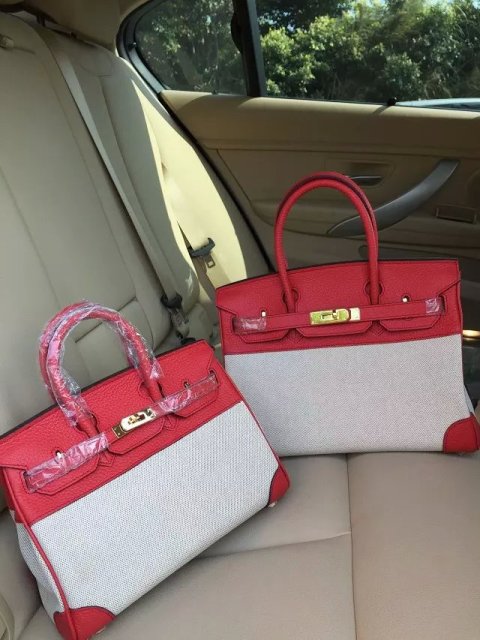 Hermes Birkin 25cm Red Leather/Canvas With Gold Hardware - Click Image to Close