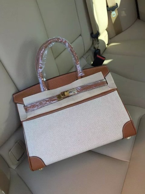 Hermes Birkin 25cm Tan Leather/Canvas With Gold Hardware - Click Image to Close