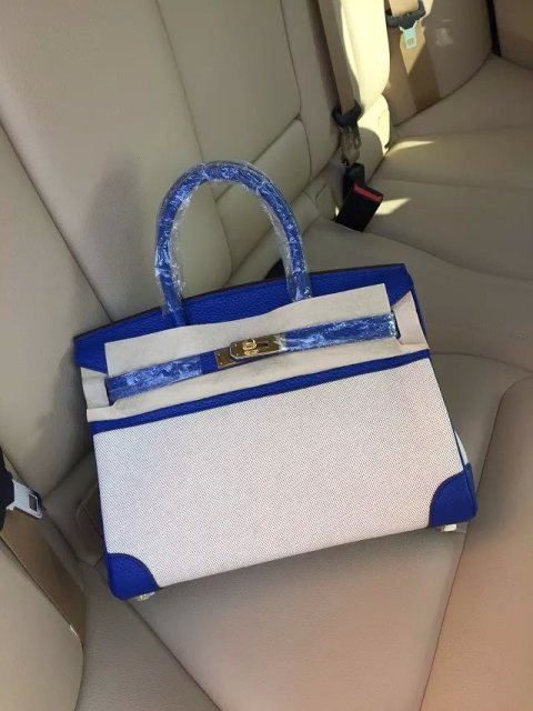 Hermes Birkin 30cm Blue Leather/Canvas With Gold Hardware - Click Image to Close