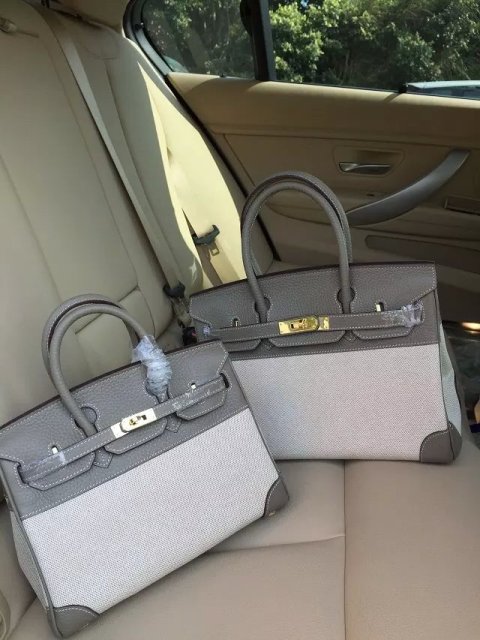 Hermes Birkin 30cm Dark Grey Leather/Canvas With Gold Hardware - Click Image to Close