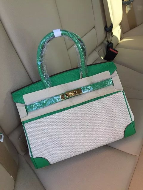 Hermes Birkin 30cm Green Leather/Canvas With Gold Hardware - Click Image to Close