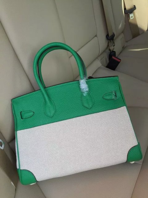 Hermes Birkin 30cm Green Leather/Canvas With Gold Hardware - Click Image to Close