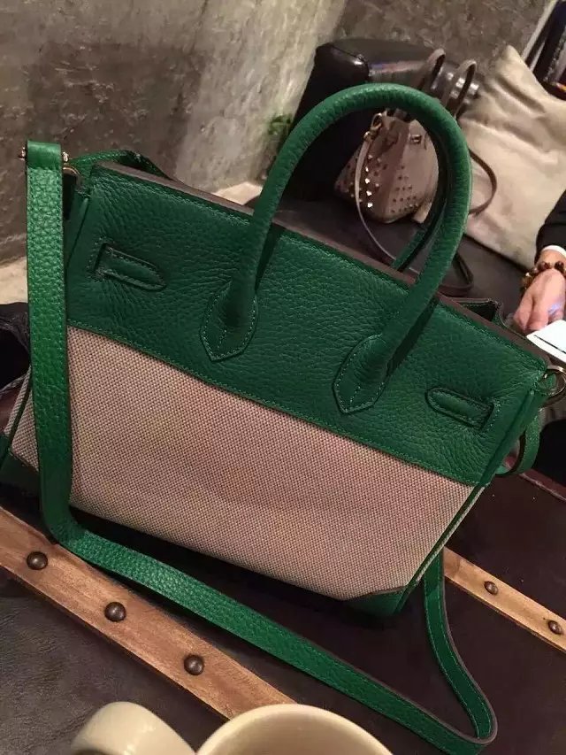 Hermes Birkin 30cm Green Leather/Canvas With Gold Hardware