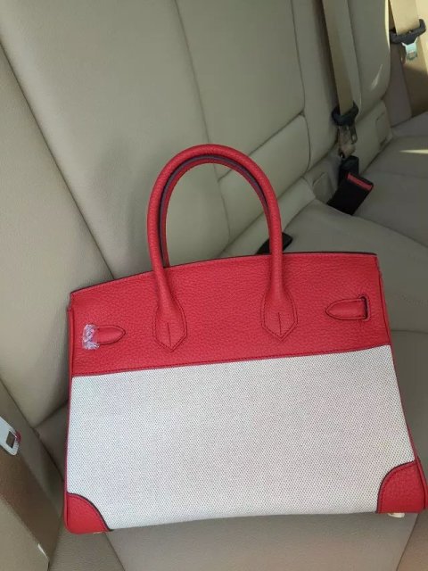 Hermes Birkin 30cm Red Leather/Canvas With Gold Hardware - Click Image to Close