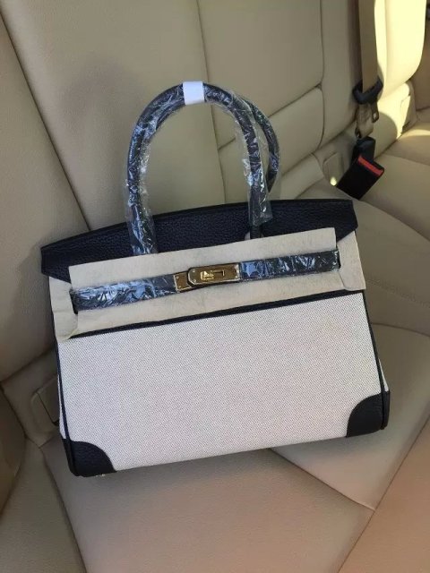 Hermes Birkin 35cm Black Leather/Canvas With Gold Hardware - Click Image to Close
