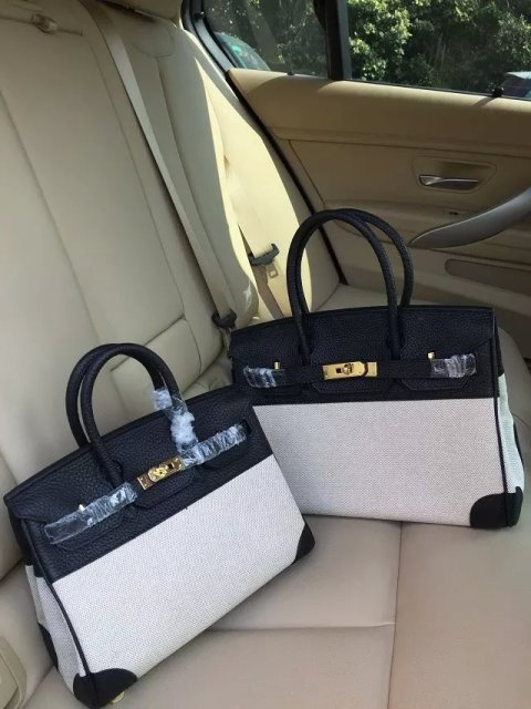 Hermes Birkin 35cm Black Leather/Canvas With Gold Hardware - Click Image to Close