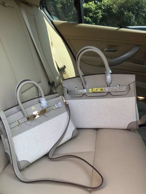 Hermes Birkin 35cm Light Grey Leather/Canvas With Gold Hardware - Click Image to Close