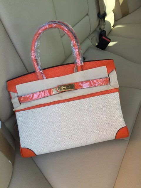 Hermes Birkin 35cm Orange Leather/Canvas With Gold Hardware - Click Image to Close