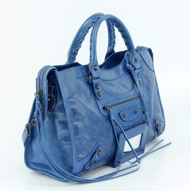 Balenciaga 085332 Imported Leather City Handbag-Medium Blue - Click Image to Close