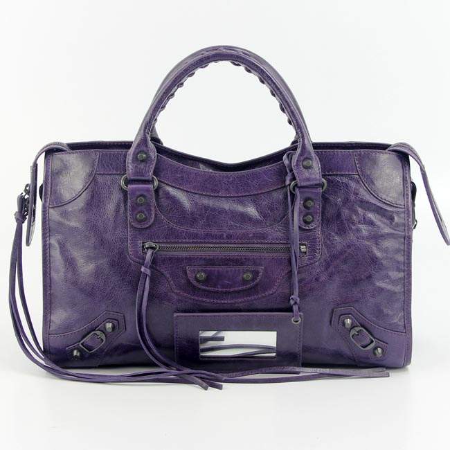 Balenciaga 085332 Imported Leather City Handbag-Purplish Blue - Click Image to Close