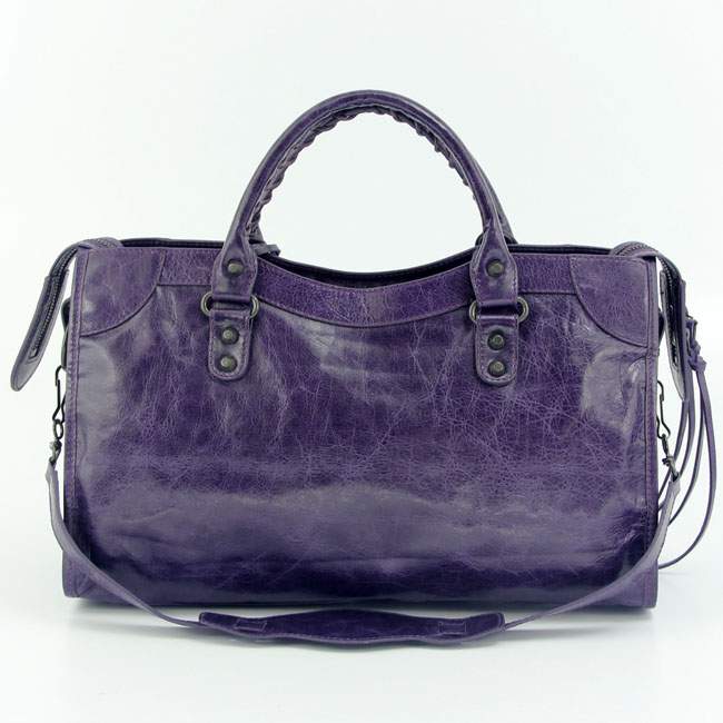 Balenciaga 085332 Imported Leather City Handbag-Purplish Blue - Click Image to Close